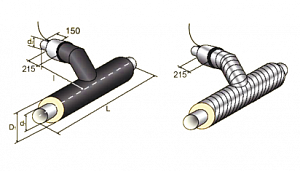 Тройниковое ответвление в ППУ изоляции с металлической заглушкой изоляции и кабелем вывода 45x38 мм